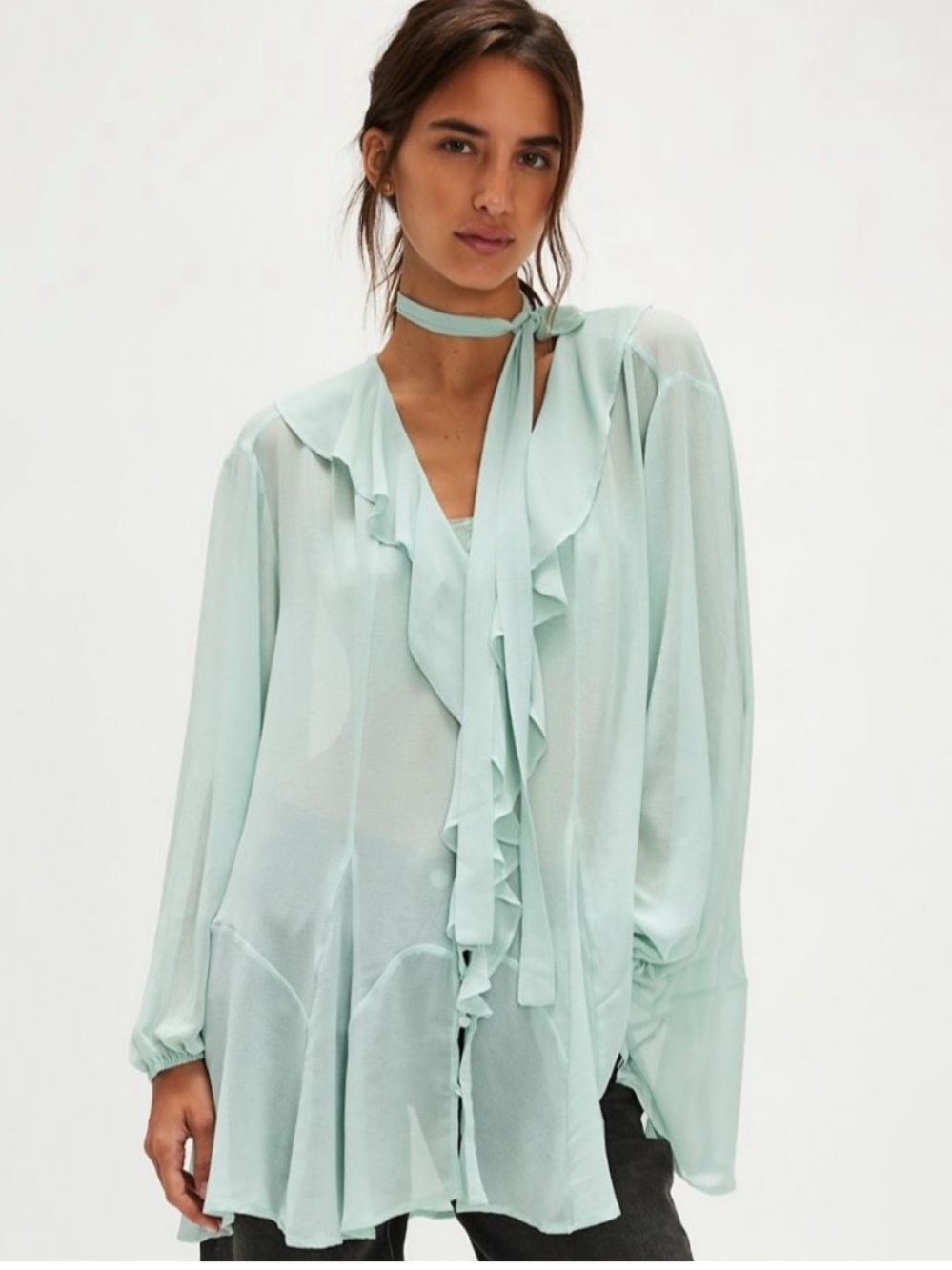 Free People Mint Green Dreamland Ruffle Sheer Solid Tie Sash Tunic Top Small - Picture 3 of 8